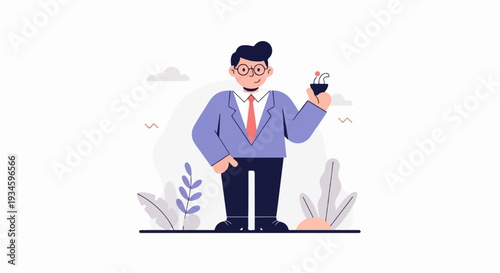 A man in a suit with glasses holds a small plant in a pot
