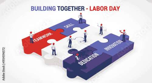 Labor day concept teamwork skill dedication innovation puzzle pieces with workers