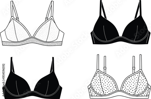 Women bra set vector illustration, lingerie collection with different styles and silhouettes, undergarment fashion design isolated on white background