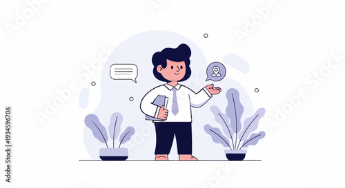 A cartoon person in a white shirt and tie holds a folder, with location and message icons above them