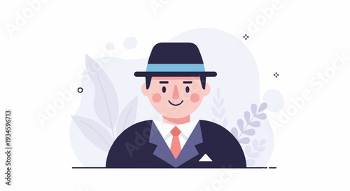 A cheerful, cartoon-style man in a dark suit, white shirt, orange tie, and fedora hat