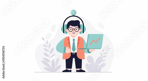 Cheerful person in suit with headphones and laptop displays upward trending graph