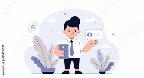 A cheerful cartoon person in a white shirt and tie holds a tablet and a speech bubble