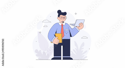 Stylized person in blue shirt, red tie, and dark pants holds laptop and book