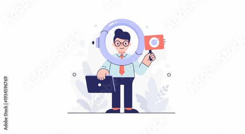 Flat illustration of a smiling person in business attire holding a laptop and a round glowing object