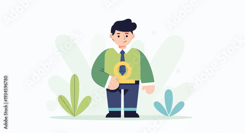 Cartoon man in green shirt and blue pants holds golden symbol