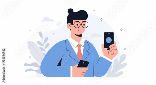 Businessman with glasses holds two smartphones, one displaying a circular graphic