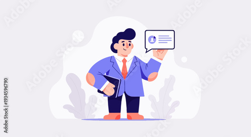 Stylized man in a suit holds a tablet and speech bubble with user profile icon