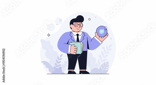 A stylized man in a suit holds a book and a clock with a checkmark