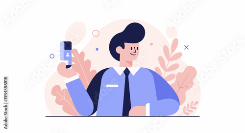 Stylized illustration of a person in a suit holding a digital device, with abstract plant motifs