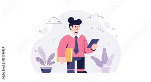 Cheerful professional person holding tablet and book, plants, clouds, simple background