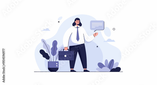 A person in business attire holds a briefcase and a speech bubble