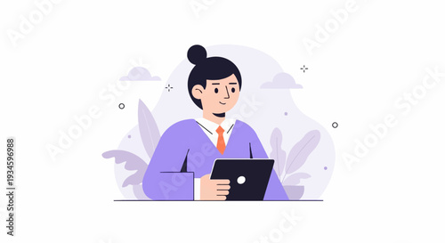 Cheerful person in professional attire using a tablet, with stylized plants and clouds