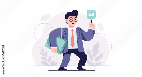 Animated man in suit carrying bag and holding up a chart icon