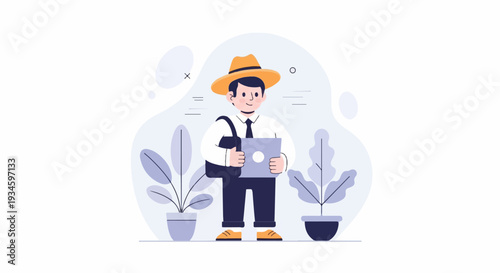 Cartoon man in a hat carrying a laptop and bag, surrounded by potted plants