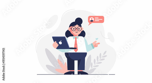 A woman in professional attire holds a laptop and gestures while a chat bubble appears