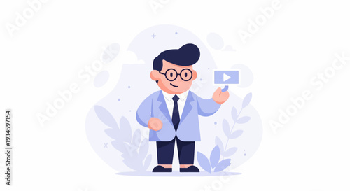A stylized character in a lab coat holds a play button icon against a backdrop of abstract shapes and leaves