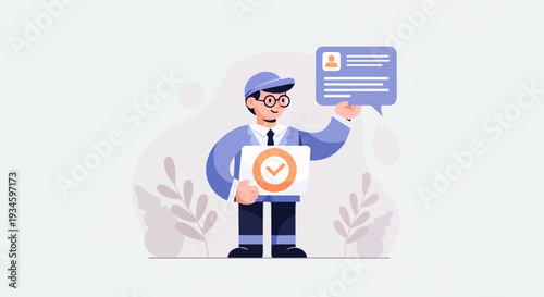 A man in glasses and a cap holds a checklist and a profile card