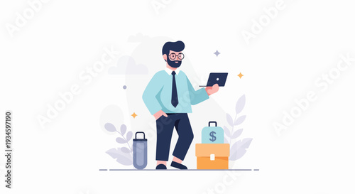 A bearded man in glasses and a suit holds a laptop, with briefcases and plants nearby