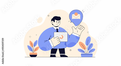 Stylized illustration of a man with a tablet and an email icon in a speech bubble