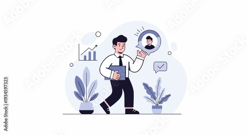 A person in a suit holds a folder, a chart shows growth, and a speech bubble displays a profile