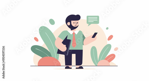 Flat design illustration of a man in a suit holding a phone and a folder
