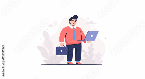 A man in a red shirt and blue tie holds a laptop and briefcase amidst abstract plant designs