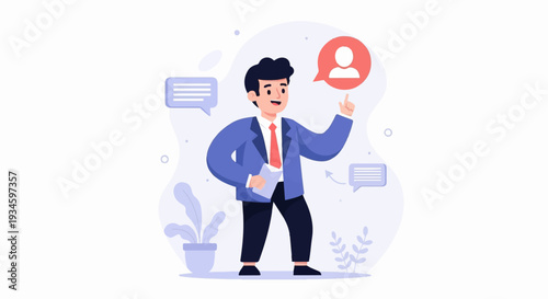 Cheerful businessman with a thought bubble pointing up, surrounded by chat icons and plants