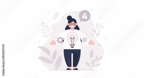 Woman with idea bulb, gears, and speech bubble