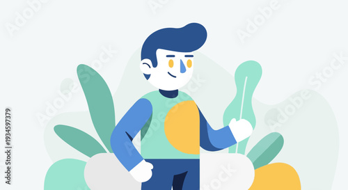 A stylized person with blue hair and orange eyes stands among abstract plant shapes and capsules