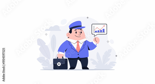A cheerful businessman in a blue suit and cap holds a briefcase, showing a rising graph