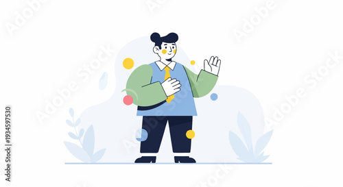 A stylized male figure in business attire, waving hello, with abstract shapes and plants