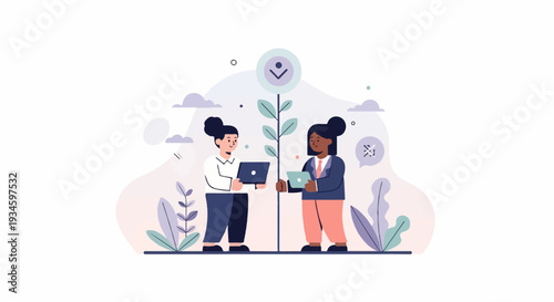 Two women collaborate on laptops near a stylized plant with abstract clouds overhead