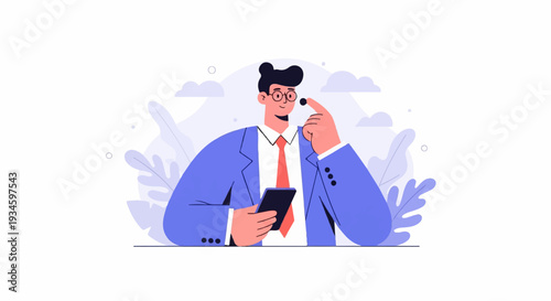 A man in a blue suit and red tie holds a smartphone, contemplating