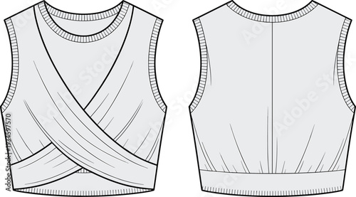Sleeveless wrap crop top, technical flat sketch, V-neckline, crisscross waist, fitted hem, fashion illustration, garment design, apparel template