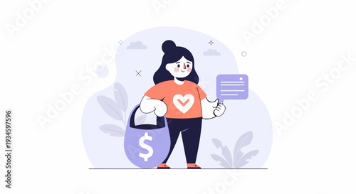 Cartoon woman with a shopping bag and speech bubble