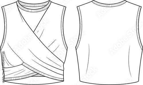 Sleeveless wrap crop top, technical flat sketch, V-neckline, pleated front, fitted waist, fashion illustration, garment design, apparel template