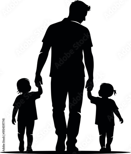 Heartwarming father's day silhouette of dad holding hands with two little kids