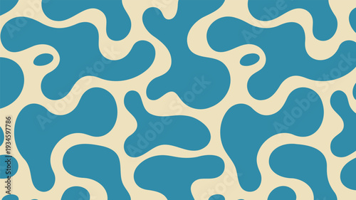 Abstract camouflage pattern with large blue organic fluid blobs on beige backdrop