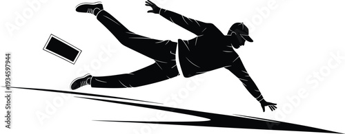 Slip and fall accident, man falling silhouette, workplace hazard, safety warning, danger illustration, injury prevention, slippery floor, caution sign, risk awareness, emergency