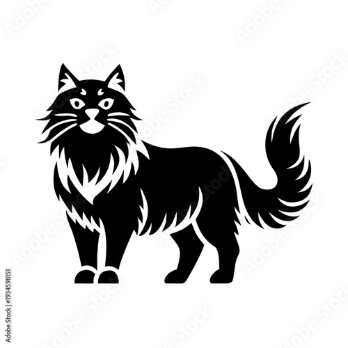 Black silhouette norwegian forest cat standing, majestic longhaired feline features fluffy fur, expressive eyes, and bushy tail. Concept norwegian forest cat for pet shop logos, animal care branding.