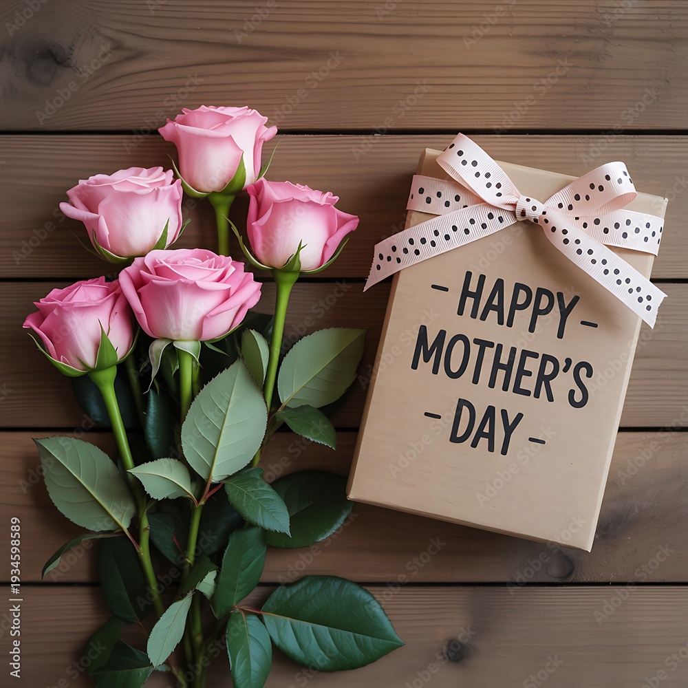 Fototapeta premium Pink roses and happy mother's day card on wooden background