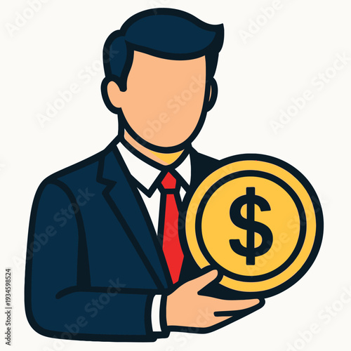 Illustration of a businessman holding a large dollar coin in a formal suit against a clean white background with a focus on finance.