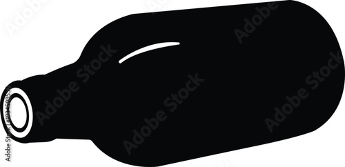 Simple black and white illustration of empty wine bottle laying horizontally