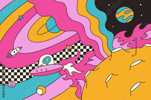Psychedelic trippy space background with flying rocket, flaming UFO and orange planet. Surreal melting galaxy landscape with checkerboard texture. Groovy 70s retro vibrant vector poster illustration.