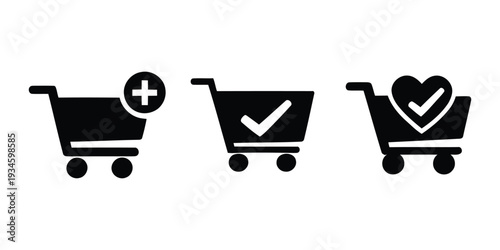 Shopping cart icon set with add to cart checked and wishlist symbols