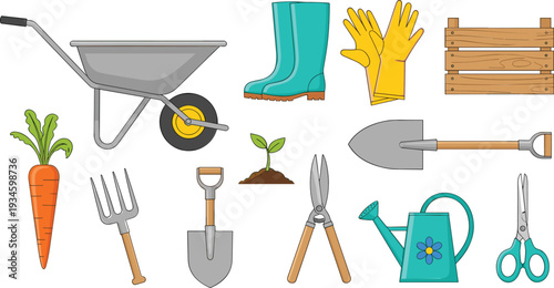 Gardening Tools and Equipment Collection Cartoon Vector Illustration Set with Wheelbarrow Gloves Boots and Plants