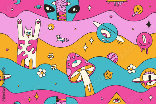 Psychedelic trippy seamless pattern with weird cat, distorted alien with brain and magic eye mushroom. Surreal space background with melting wavy shapes. Groovy retro 70s hallucinogenic vibrant vector