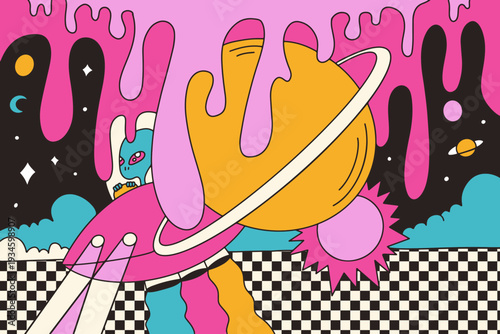 Psychedelic trippy space landscape with alien sitting on melting planet Saturn. Surreal dripping liquid neon galaxy with smiling sun and checkerboard. Groovy retro vibrant poster vector illustration.