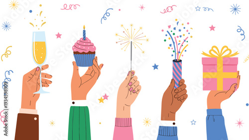 Hands Holding Party Items Cartoon Vector Illustration with Champagne Cupcake Sparkler Confetti and Gift Box